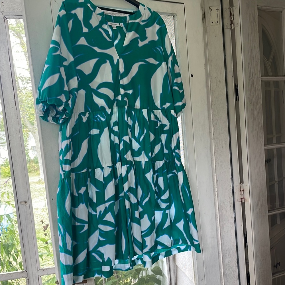Chico's Cotton Tiered Teal and White Abstract Dress NWT Size 3 XL Has Pockets